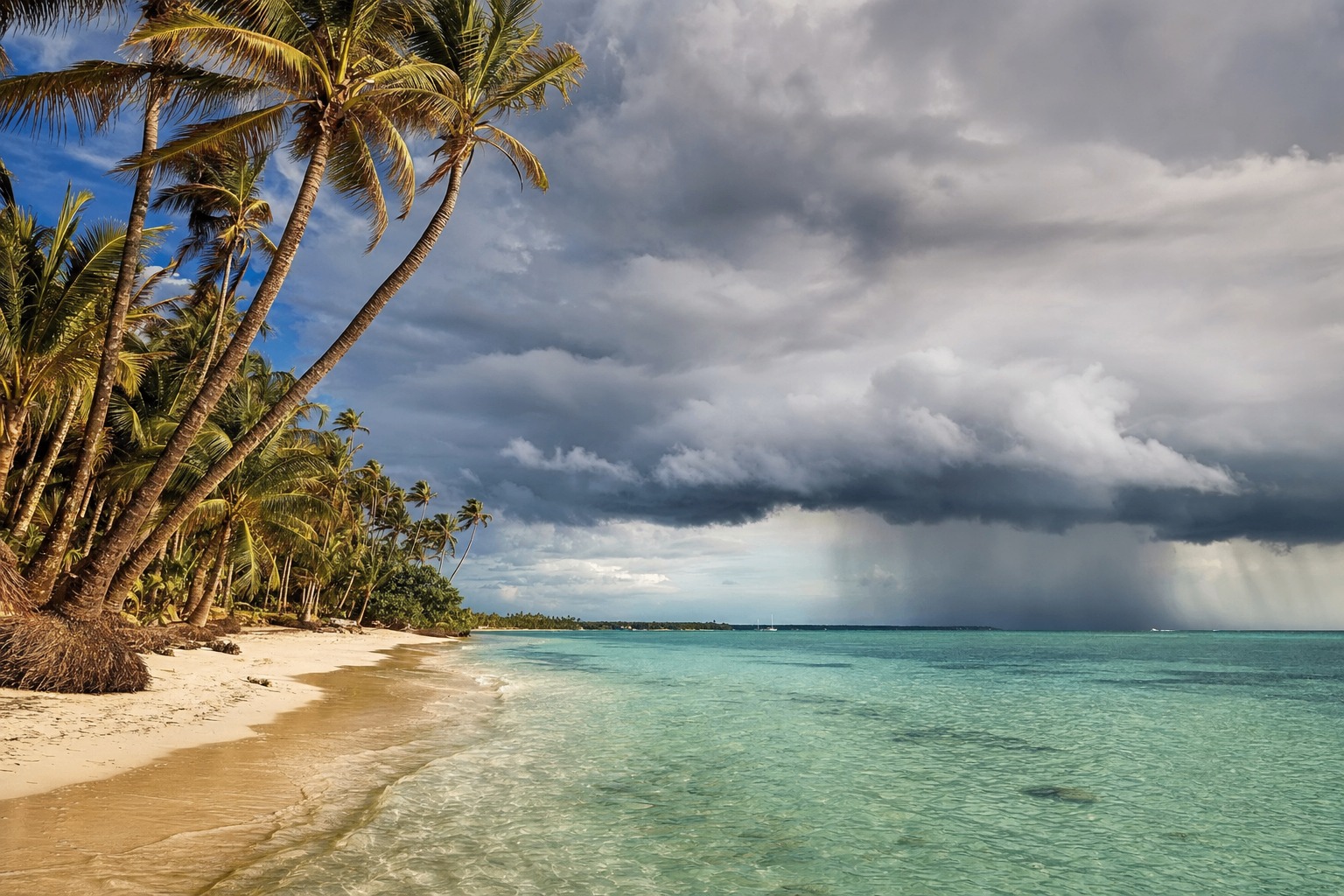 Palm-lined beach near Punta Cana with calm turquoise water while a tropical rain squall passes far out at sea during hurricane season — AI-generated illustration