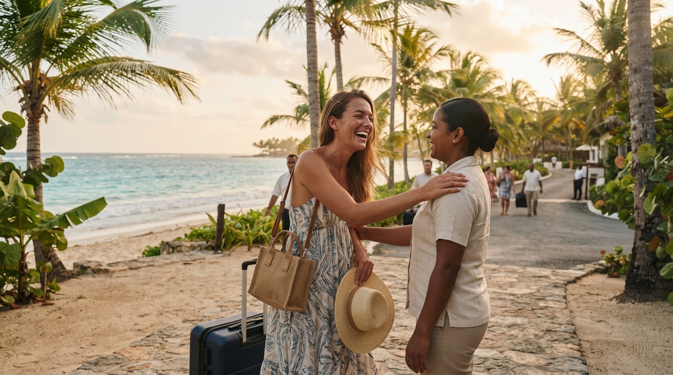 Wide tropical coastal scene: guests with light luggage arriving along a palm-lined beachfront driveway, turquoise sea beyond, warm late-afternoon light