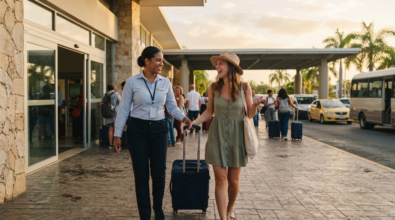Close human moment: a uniformed airport assistant helping a traveler with their suitcase just outside the terminal doors, warm natural light