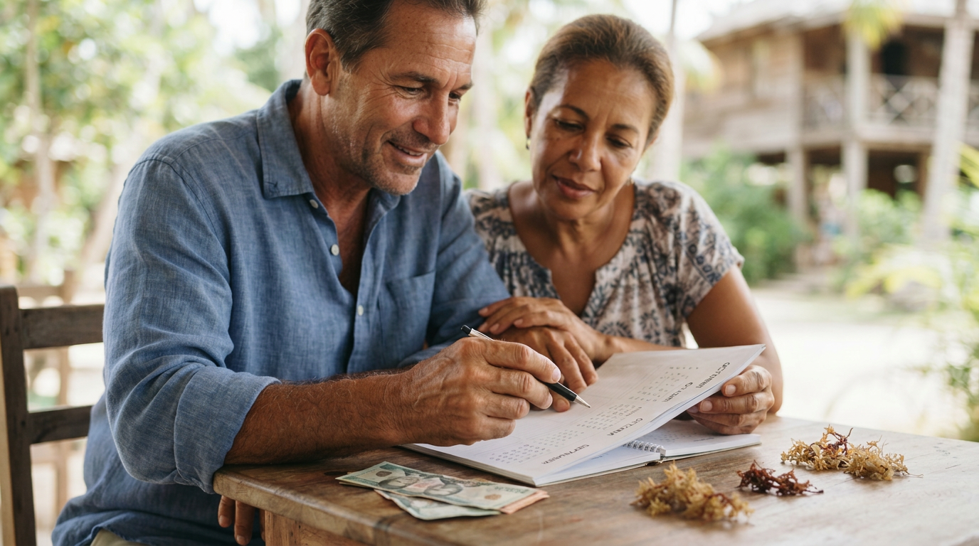 Composite of money, dates, hurricane graphic and sargassum Photorealistic editorial travel photography, 16:9 wide crop, natural light, 35mm lens, full-frame camera, shallow depth of field on faces and hands