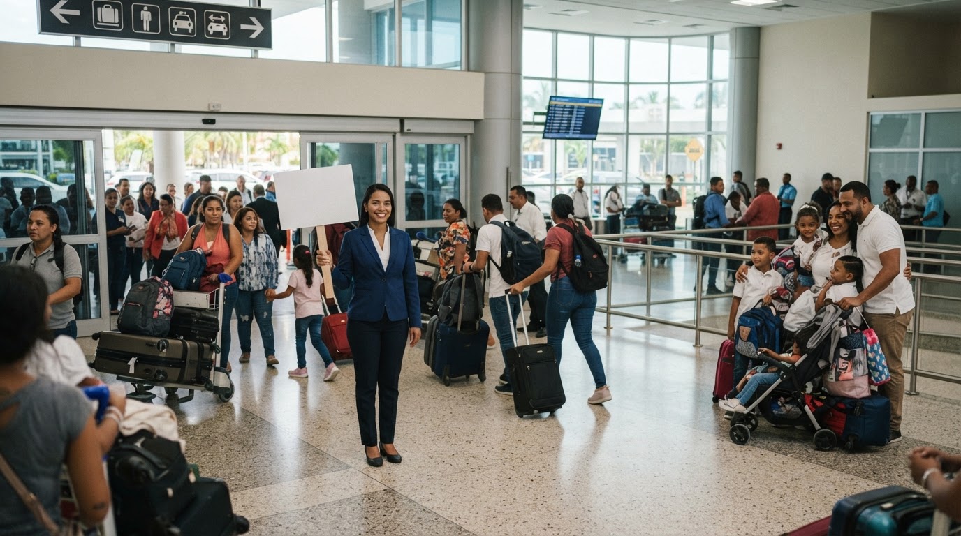 A wide view of an arrivals hall exit: a professional greeter in business attire holding a blank welcome sign, families with luggage streaming out of the terminal doors around them — AI-generated illustration