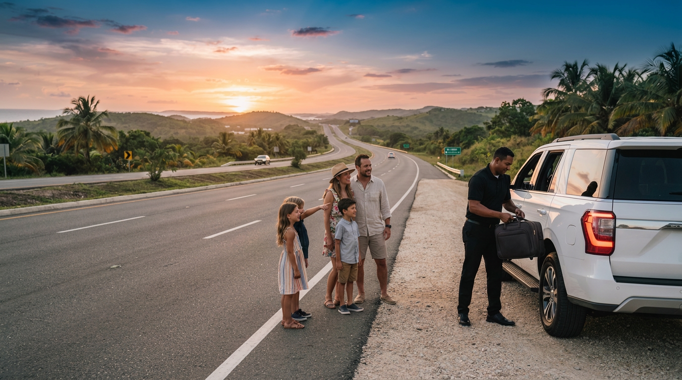 A wide view of a family in the highway on a sunset, mimiking the autoopista del coral view, family owth kids Wide environmental framing that shows the place and the people in it — AI-generated illustration