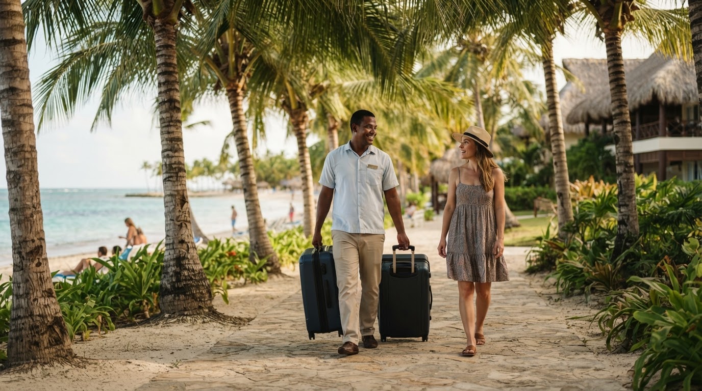 Close moment: a porter in light uniform carrying a guest's bag along a shaded palm walkway toward the shoreline, guest walking beside them